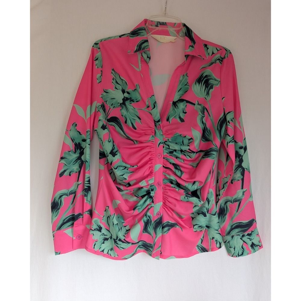 LC Lizette Collection Women’s Blouse Sz L Floral Long Sleeve Pink Green